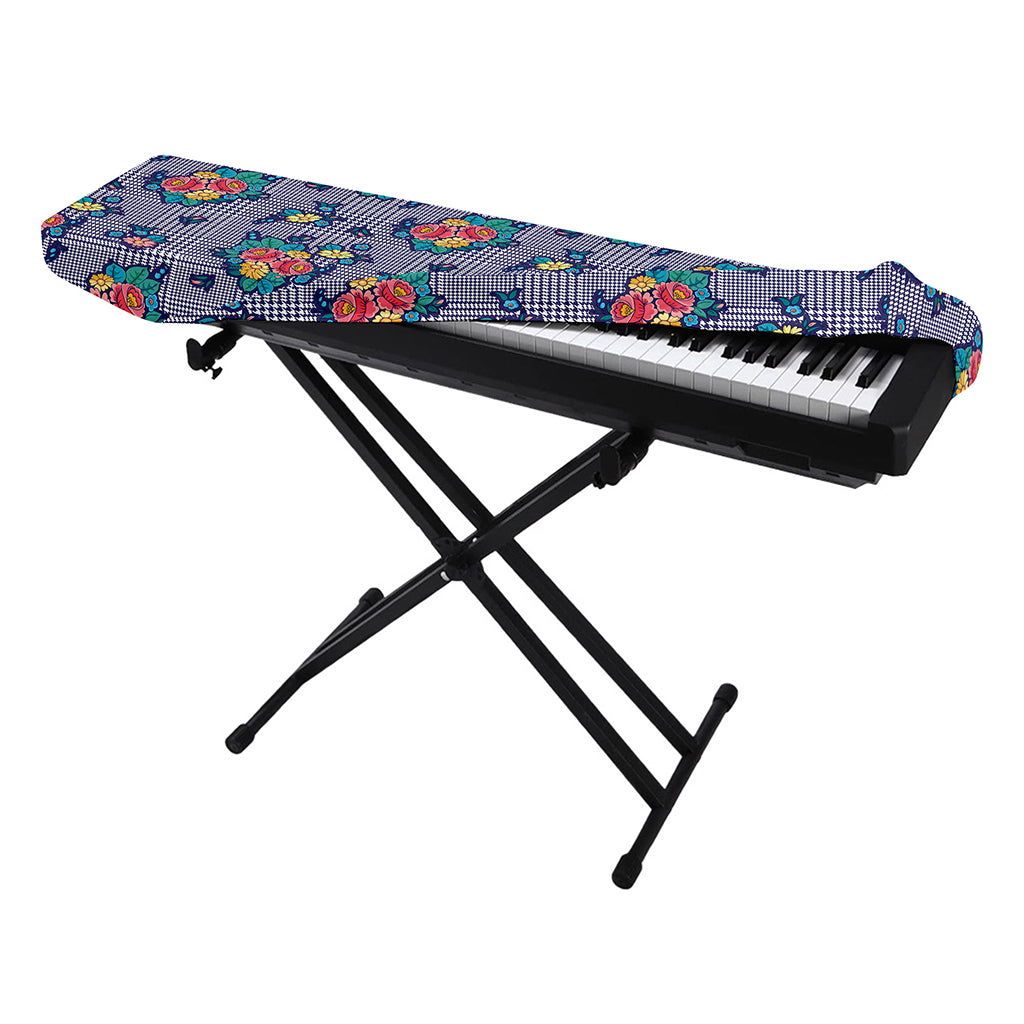 Blue And White Floral Glen Plaid Print Piano Keyboard Cover