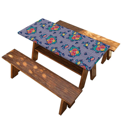 Blue And White Floral Glen Plaid Print Picnic Table Cover