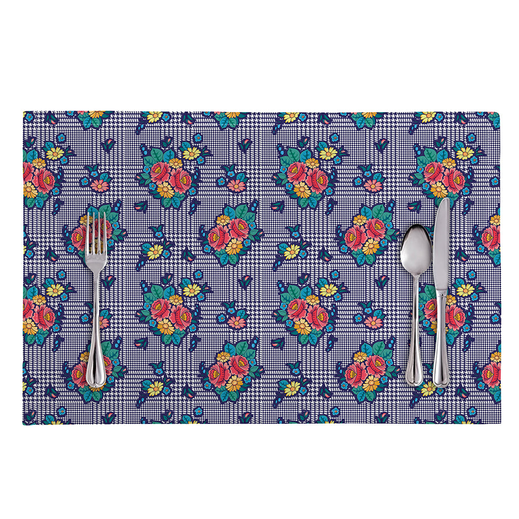 Blue And White Floral Glen Plaid Print Placemat