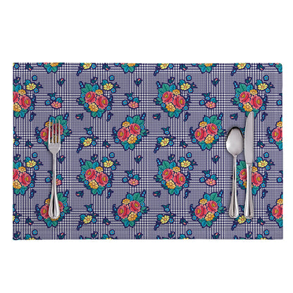 Blue And White Floral Glen Plaid Print Placemat