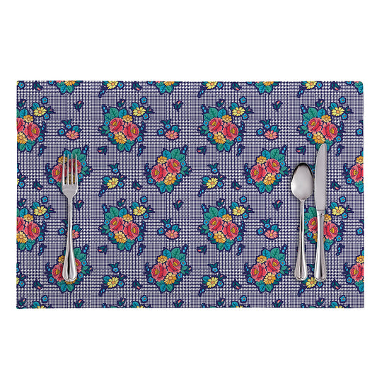 Blue And White Floral Glen Plaid Print Placemat