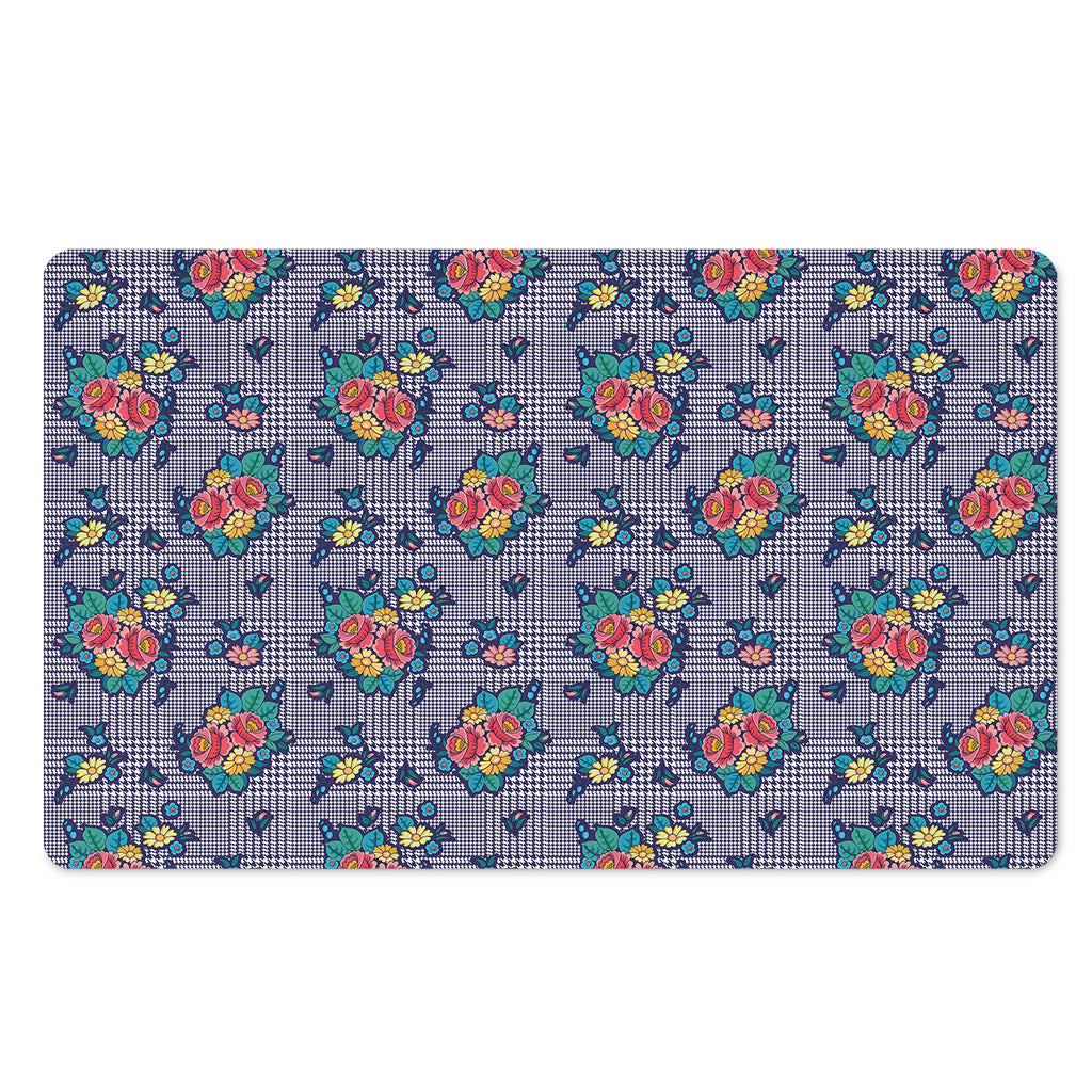 Blue And White Floral Glen Plaid Print Polyester Doormat
