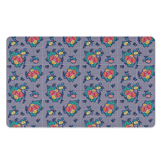 Blue And White Floral Glen Plaid Print Polyester Doormat