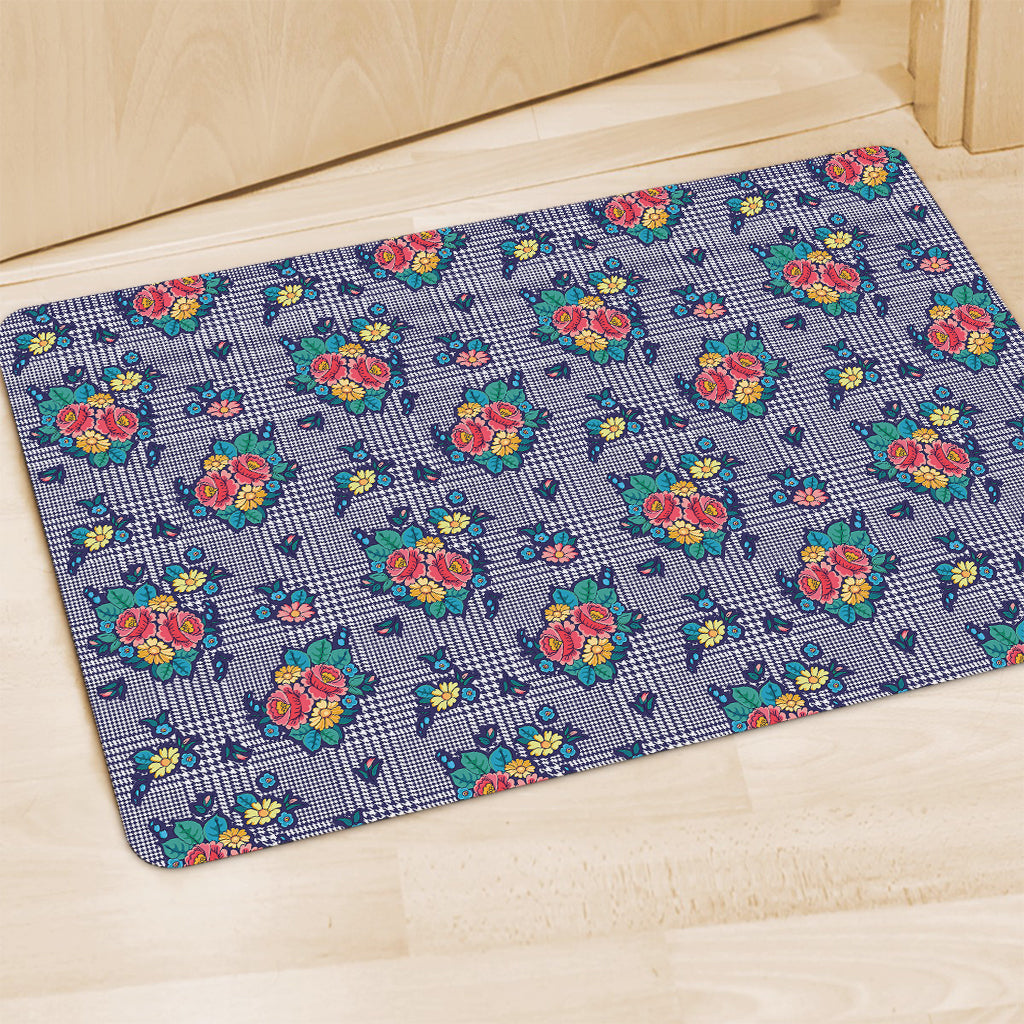Blue And White Floral Glen Plaid Print Polyester Doormat