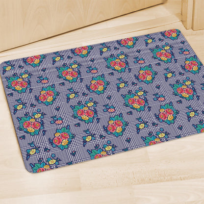 Blue And White Floral Glen Plaid Print Polyester Doormat