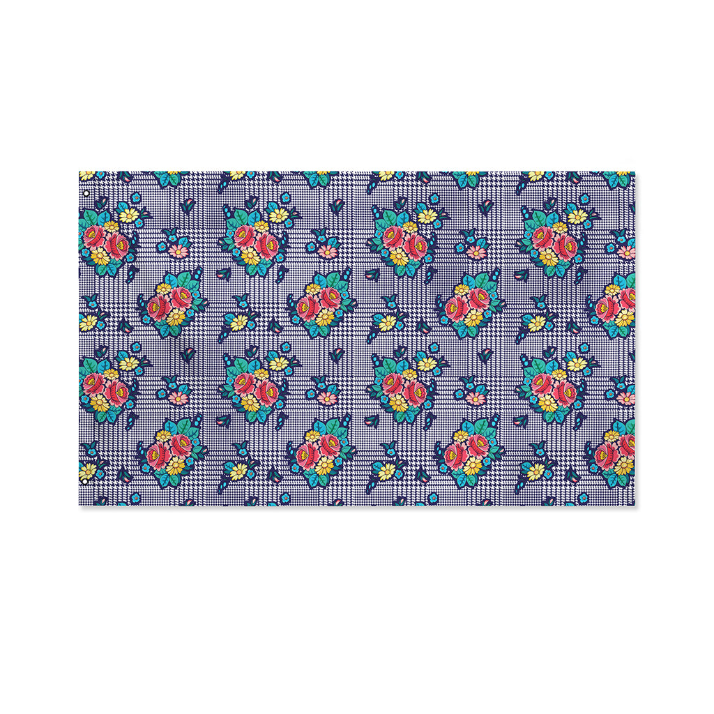 Blue And White Floral Glen Plaid Print Polyester Flag