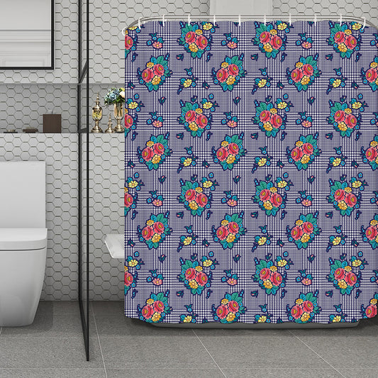 Blue And White Floral Glen Plaid Print Polyester Shower Curtain