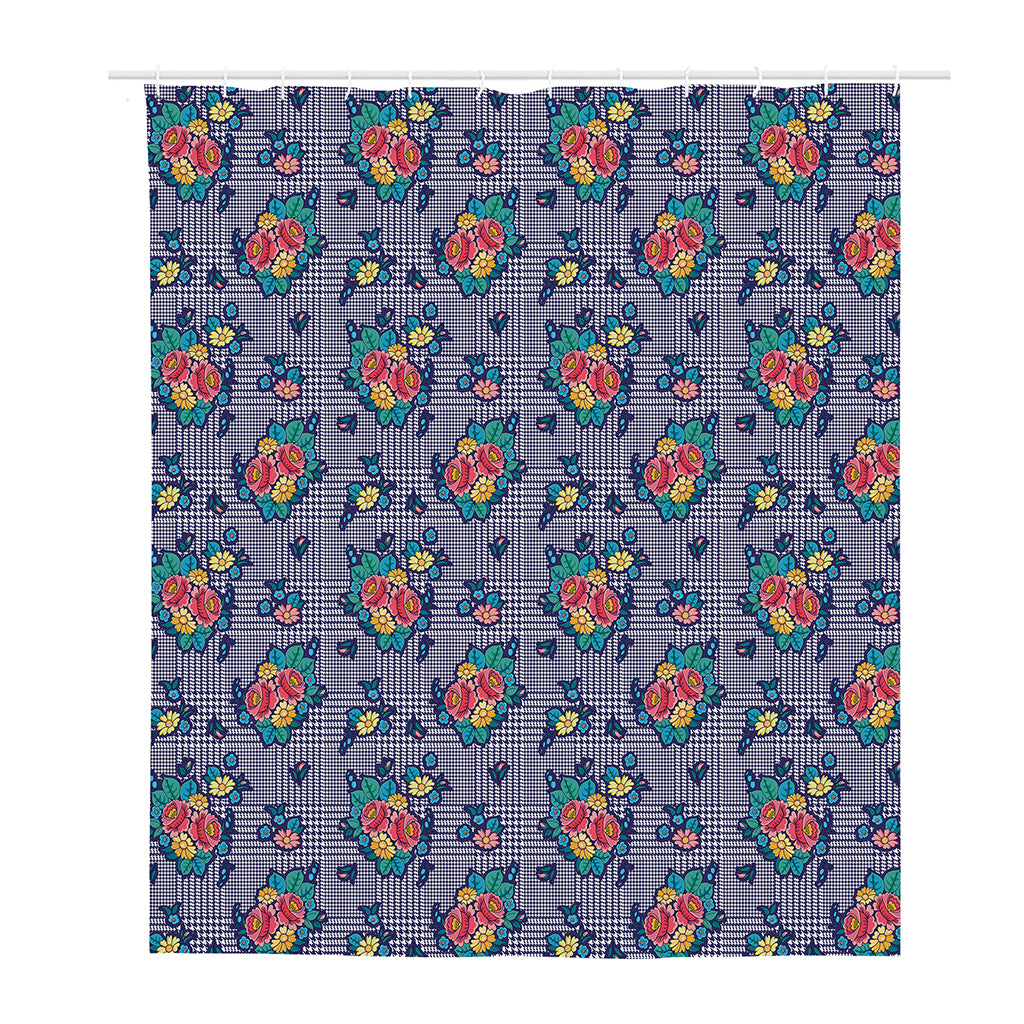 Blue And White Floral Glen Plaid Print Polyester Shower Curtain