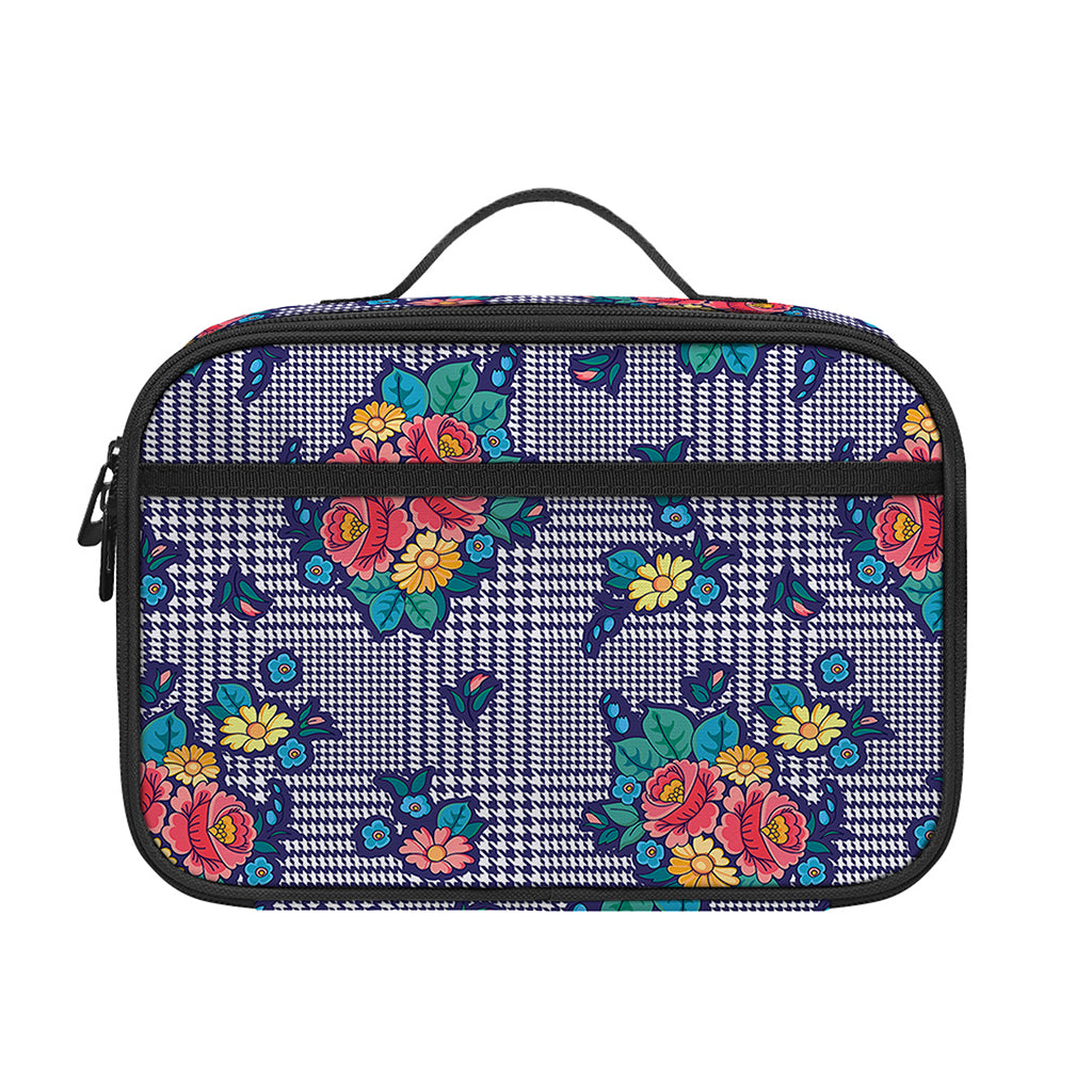 Blue And White Floral Glen Plaid Print Portable Lunch Bag