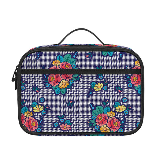 Blue And White Floral Glen Plaid Print Portable Lunch Bag