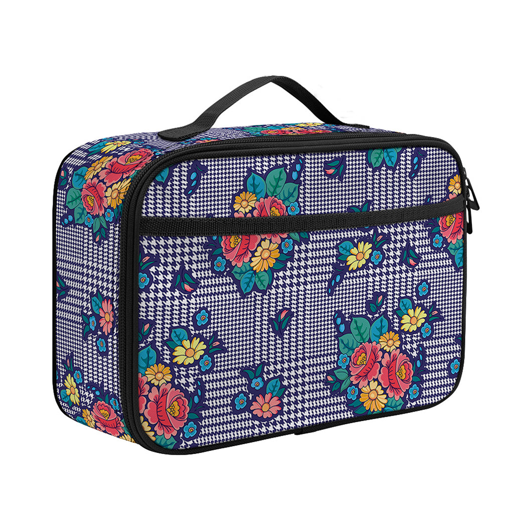 Blue And White Floral Glen Plaid Print Portable Lunch Bag