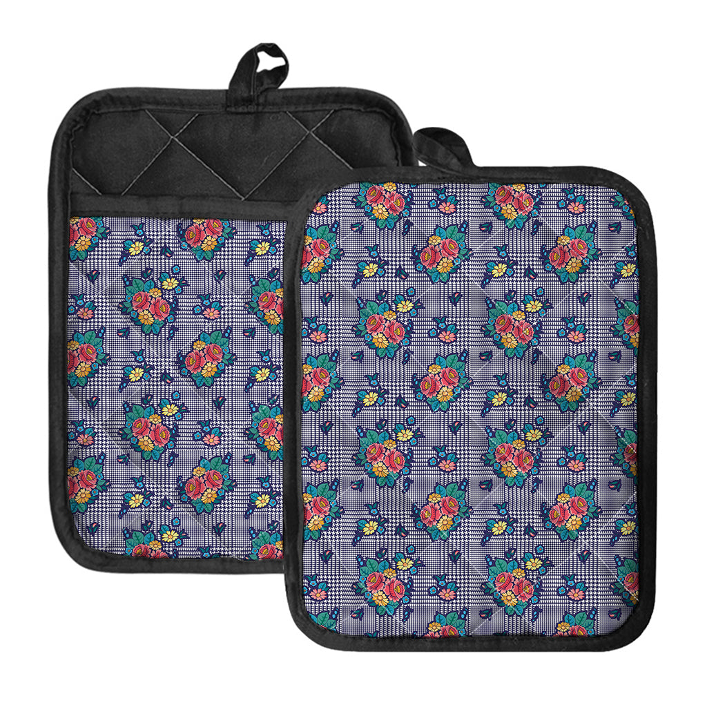Blue And White Floral Glen Plaid Print Pot Holders With Pocket