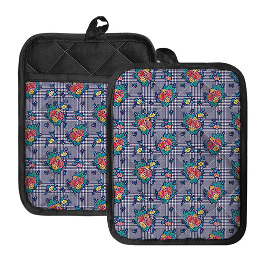 Blue And White Floral Glen Plaid Print Pot Holders With Pocket