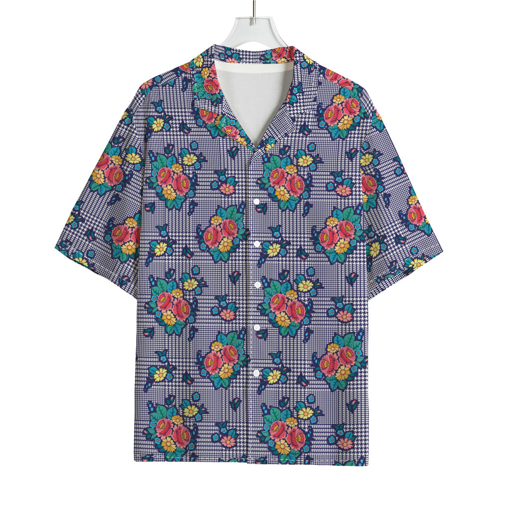 Blue And White Floral Glen Plaid Print Rayon Hawaiian Shirt