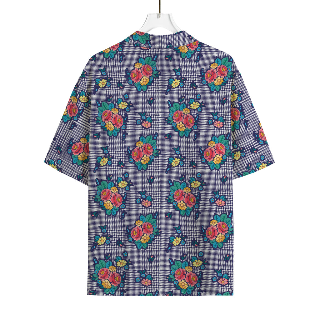 Blue And White Floral Glen Plaid Print Rayon Hawaiian Shirt