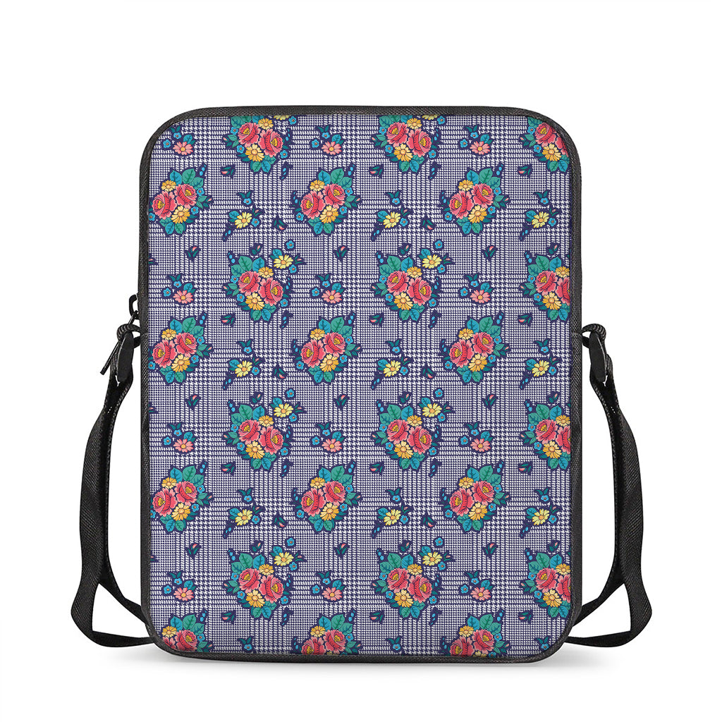 Blue And White Floral Glen Plaid Print Rectangular Crossbody Bag
