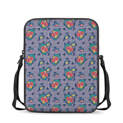Blue And White Floral Glen Plaid Print Rectangular Crossbody Bag