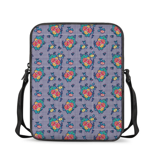 Blue And White Floral Glen Plaid Print Rectangular Crossbody Bag