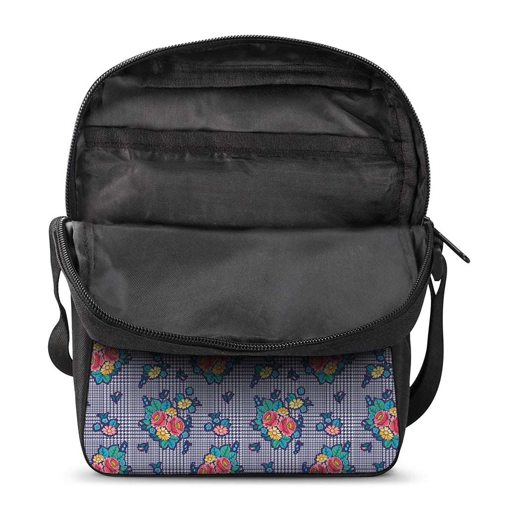 Blue And White Floral Glen Plaid Print Rectangular Crossbody Bag