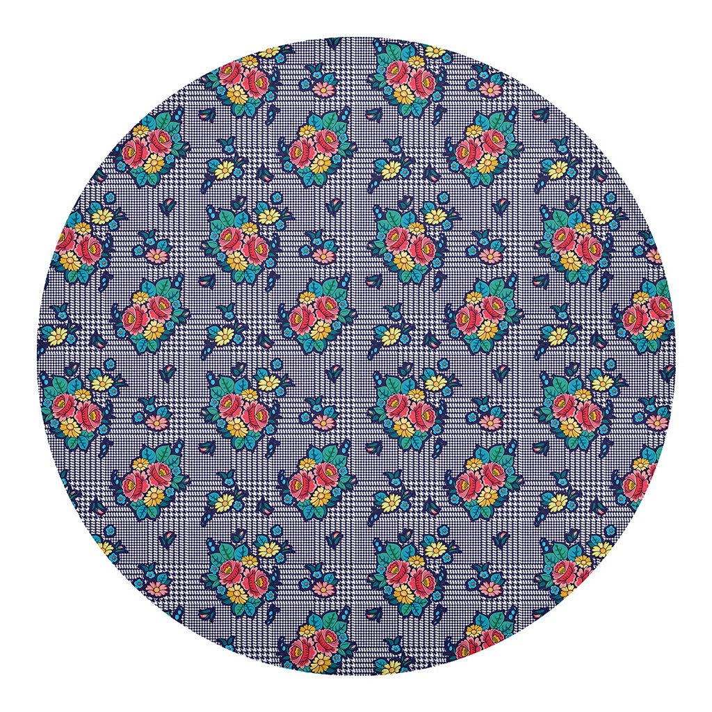 Blue And White Floral Glen Plaid Print Round Blanket