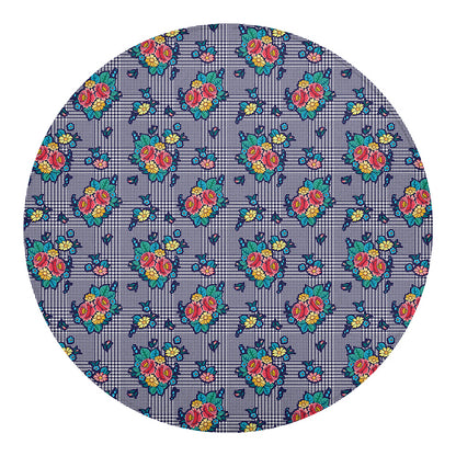 Blue And White Floral Glen Plaid Print Round Blanket