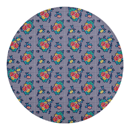 Blue And White Floral Glen Plaid Print Round Blanket