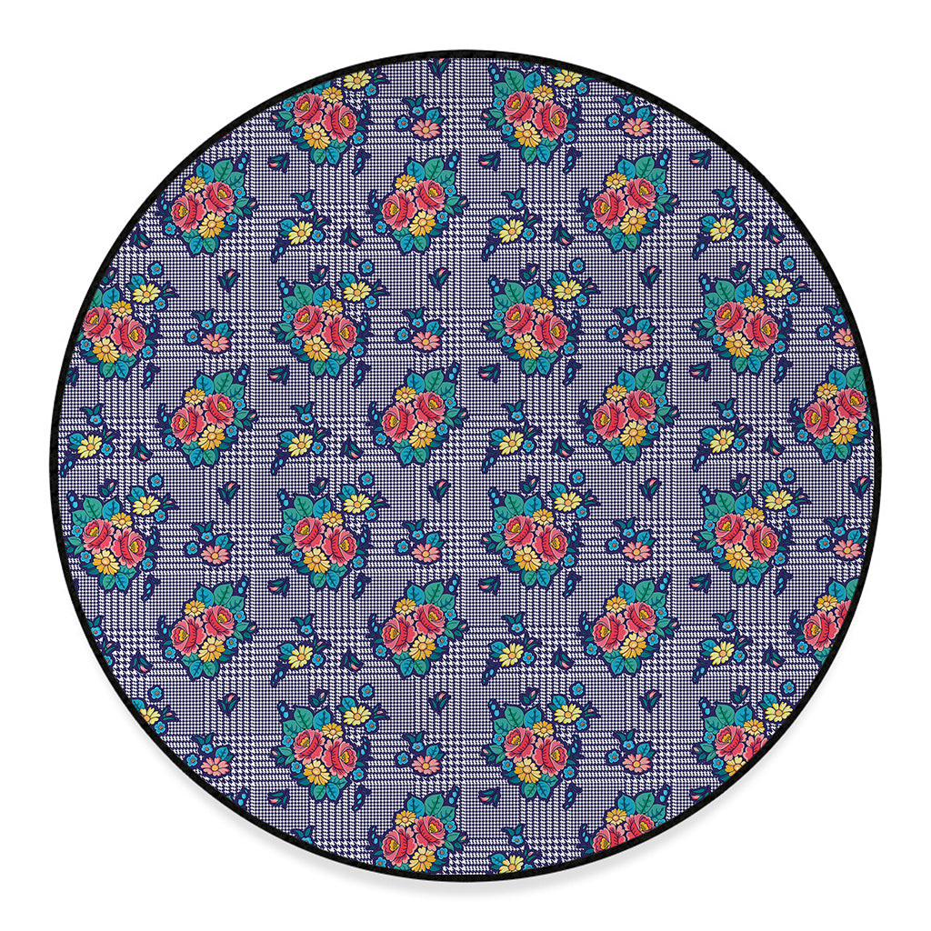 Blue And White Floral Glen Plaid Print Round Floor Mat