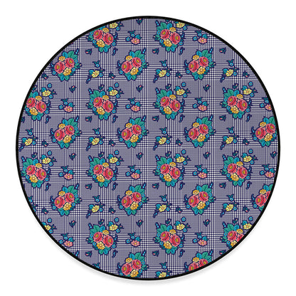 Blue And White Floral Glen Plaid Print Round Floor Mat