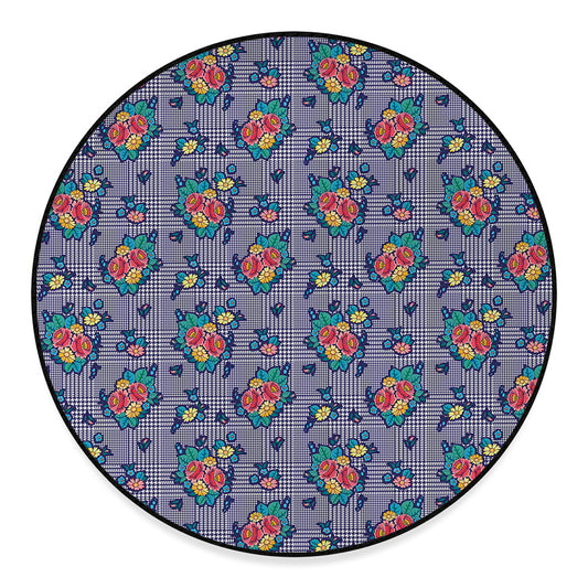 Blue And White Floral Glen Plaid Print Round Floor Mat
