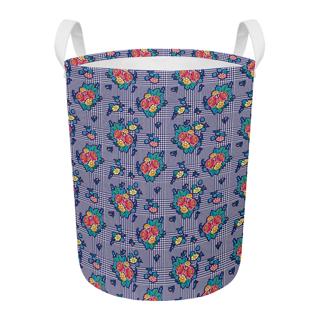 Blue And White Floral Glen Plaid Print Round Laundry Basket