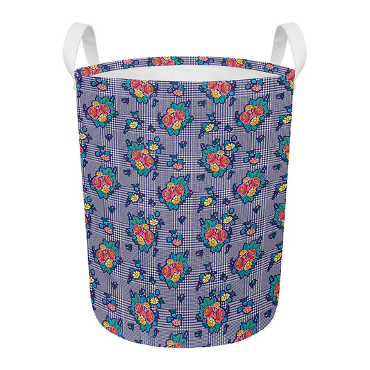 Blue And White Floral Glen Plaid Print Round Laundry Basket