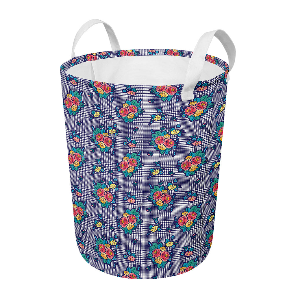 Blue And White Floral Glen Plaid Print Round Laundry Basket