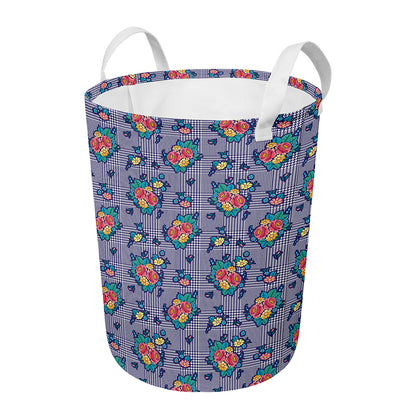 Blue And White Floral Glen Plaid Print Round Laundry Basket