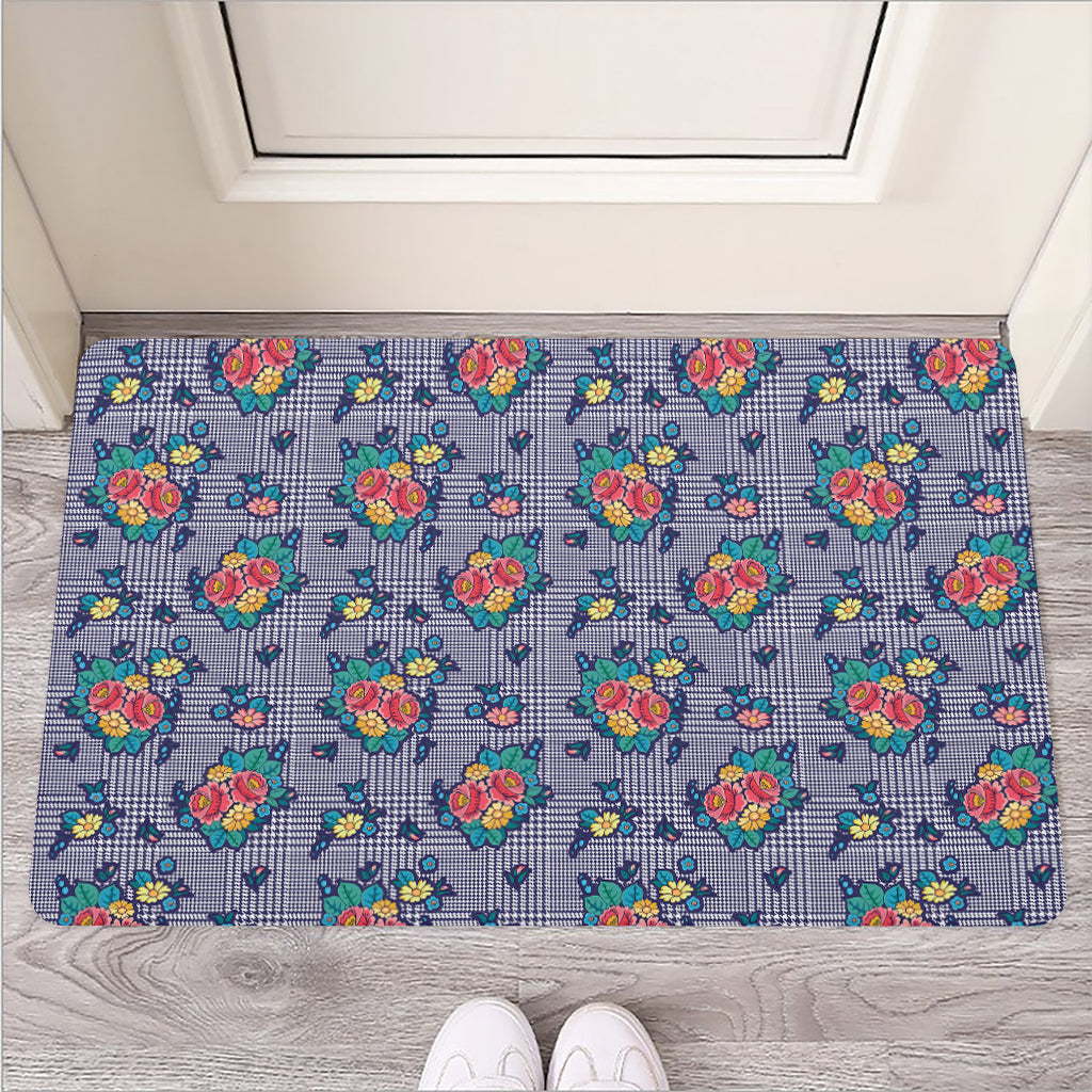 Blue And White Floral Glen Plaid Print Rubber Doormat