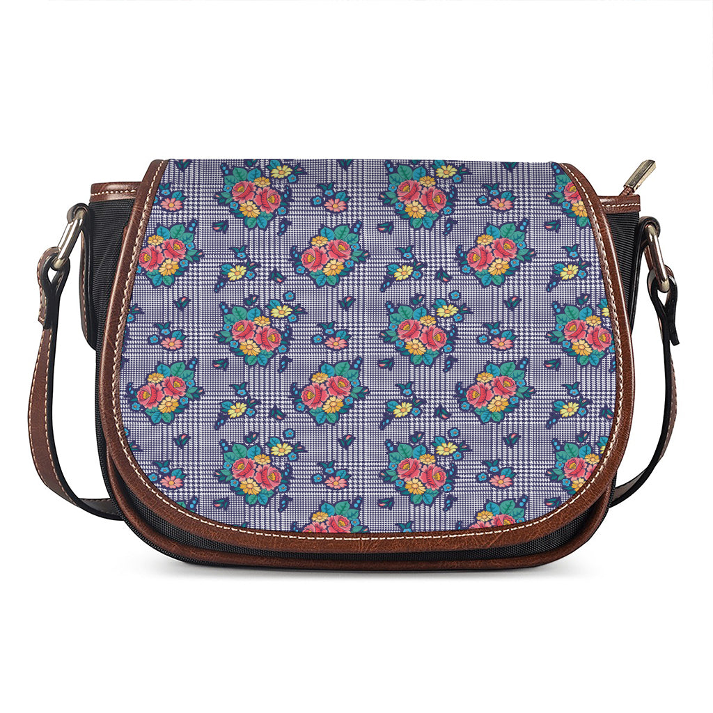 Blue And White Floral Glen Plaid Print Saddle Bag