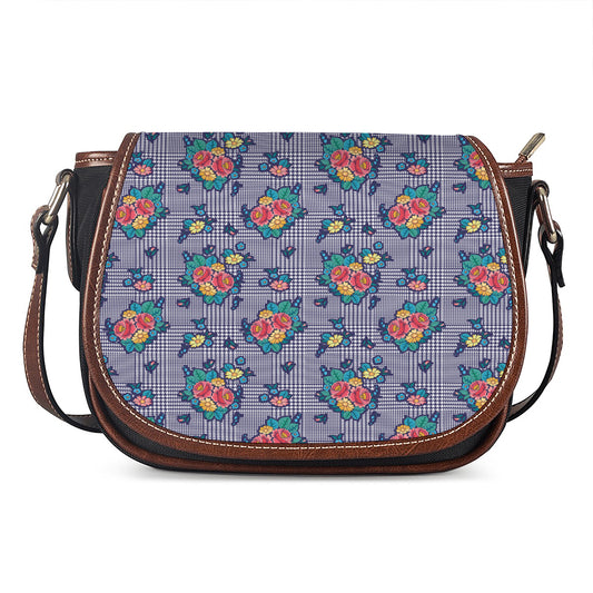 Blue And White Floral Glen Plaid Print Saddle Bag