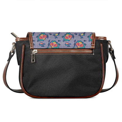 Blue And White Floral Glen Plaid Print Saddle Bag