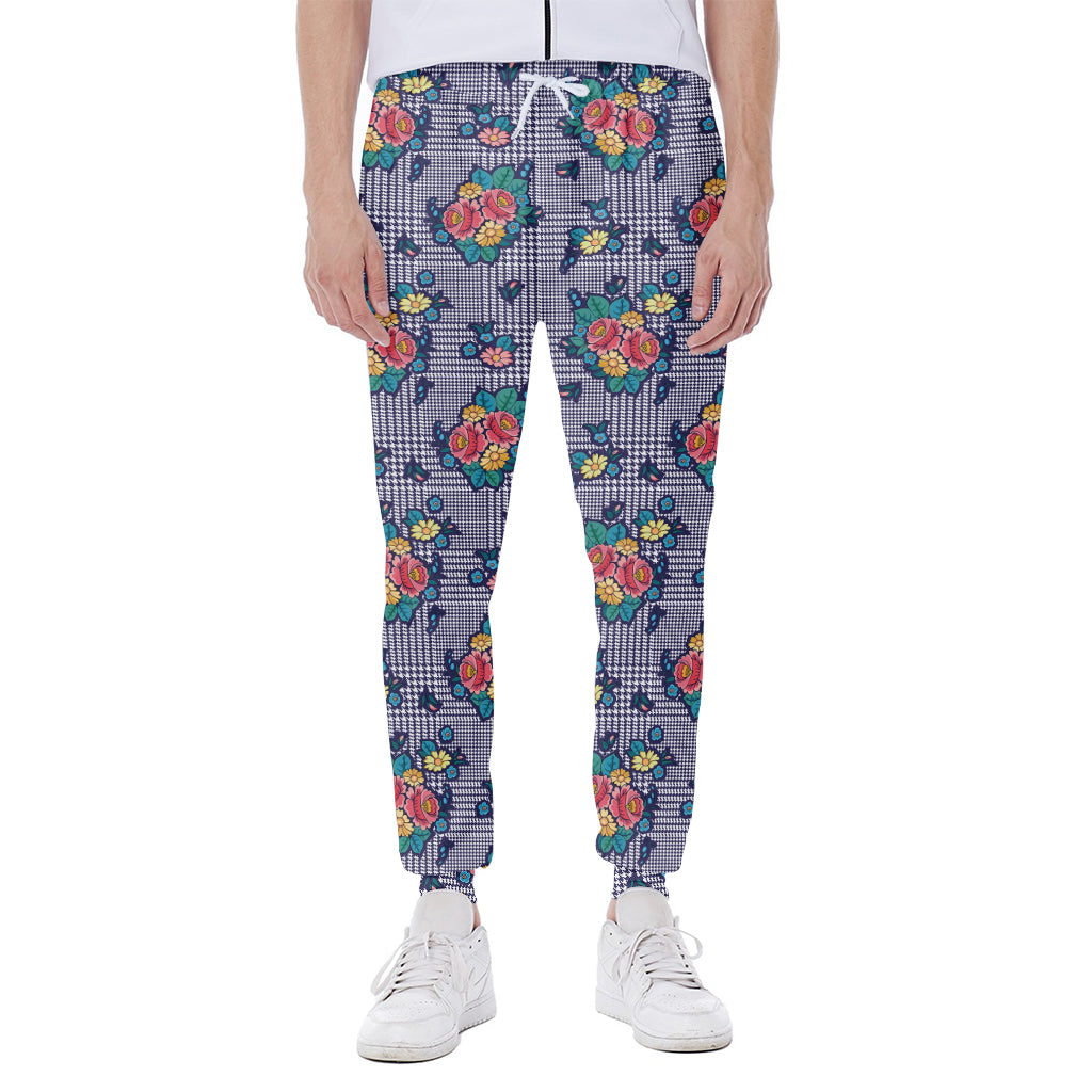 Blue And White Floral Glen Plaid Print Scuba Joggers