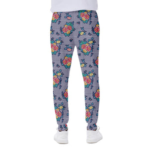 Blue And White Floral Glen Plaid Print Scuba Joggers