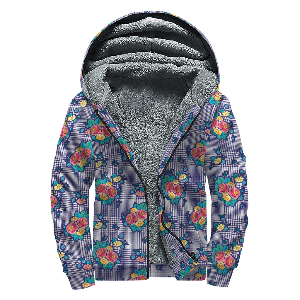 Blue And White Floral Glen Plaid Print Sherpa Lined Zip Up Hoodie