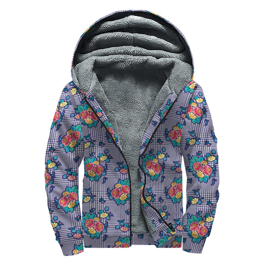 Blue And White Floral Glen Plaid Print Sherpa Lined Zip Up Hoodie