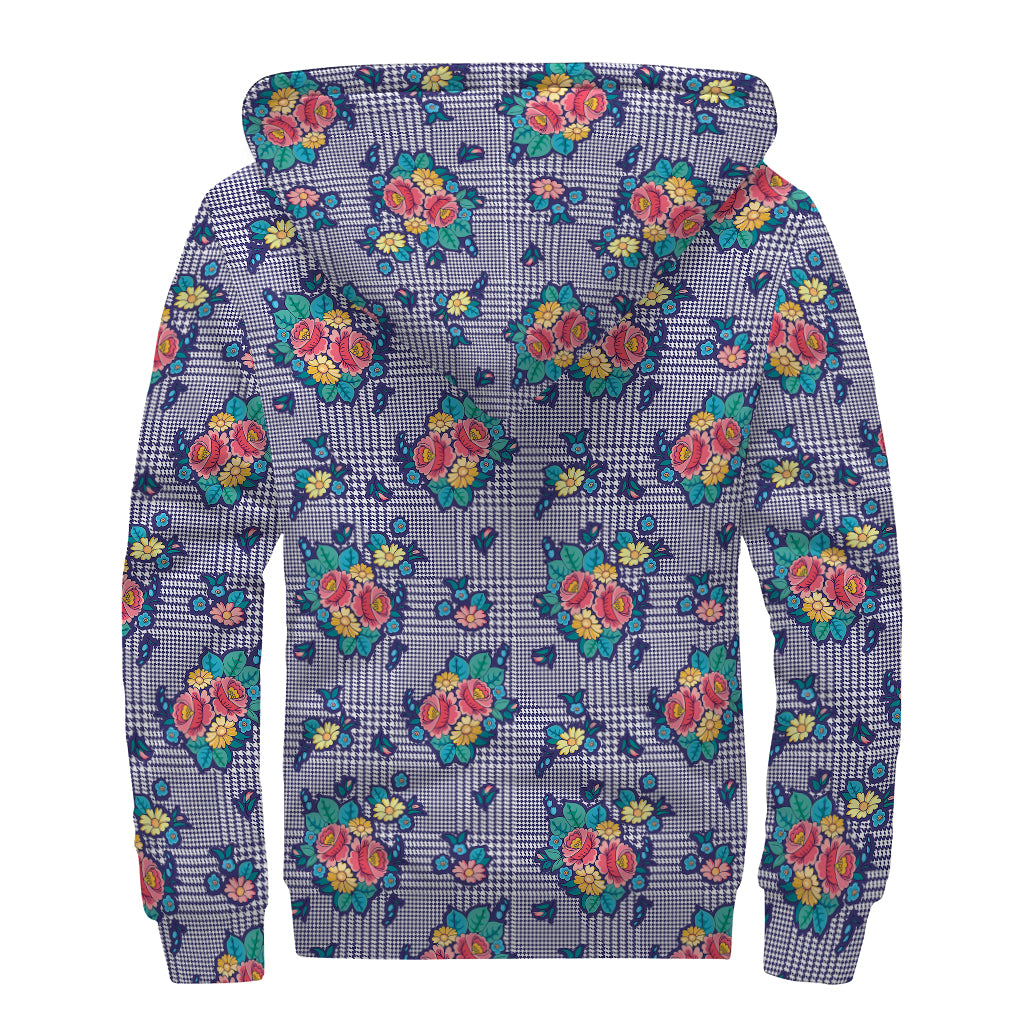 Blue And White Floral Glen Plaid Print Sherpa Lined Zip Up Hoodie