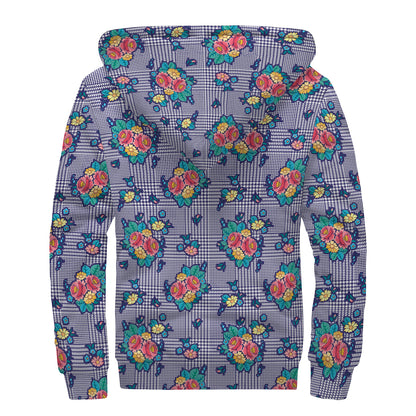 Blue And White Floral Glen Plaid Print Sherpa Lined Zip Up Hoodie