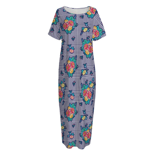 Blue And White Floral Glen Plaid Print Short Sleeve Long Nightdress