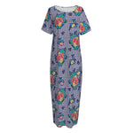 Blue And White Floral Glen Plaid Print Short Sleeve Long Nightdress
