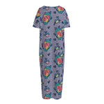 Blue And White Floral Glen Plaid Print Short Sleeve Long Nightdress