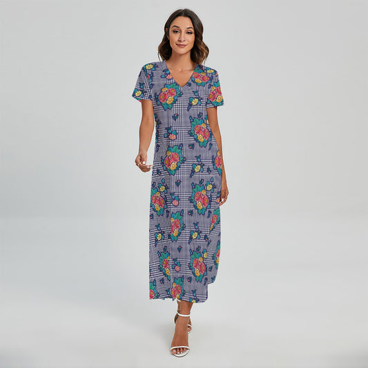 Blue And White Floral Glen Plaid Print Short Sleeve Maxi Dress