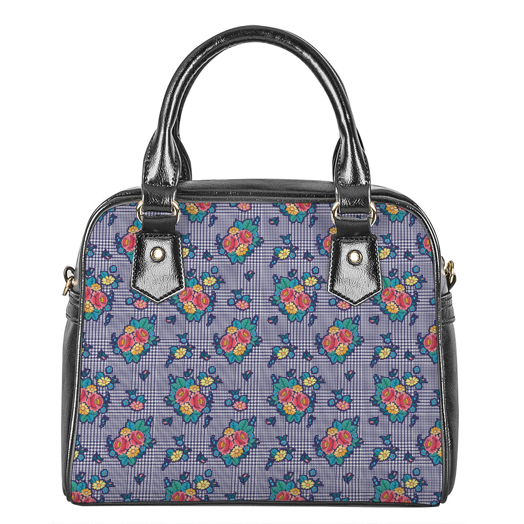 Blue And White Floral Glen Plaid Print Shoulder Handbag