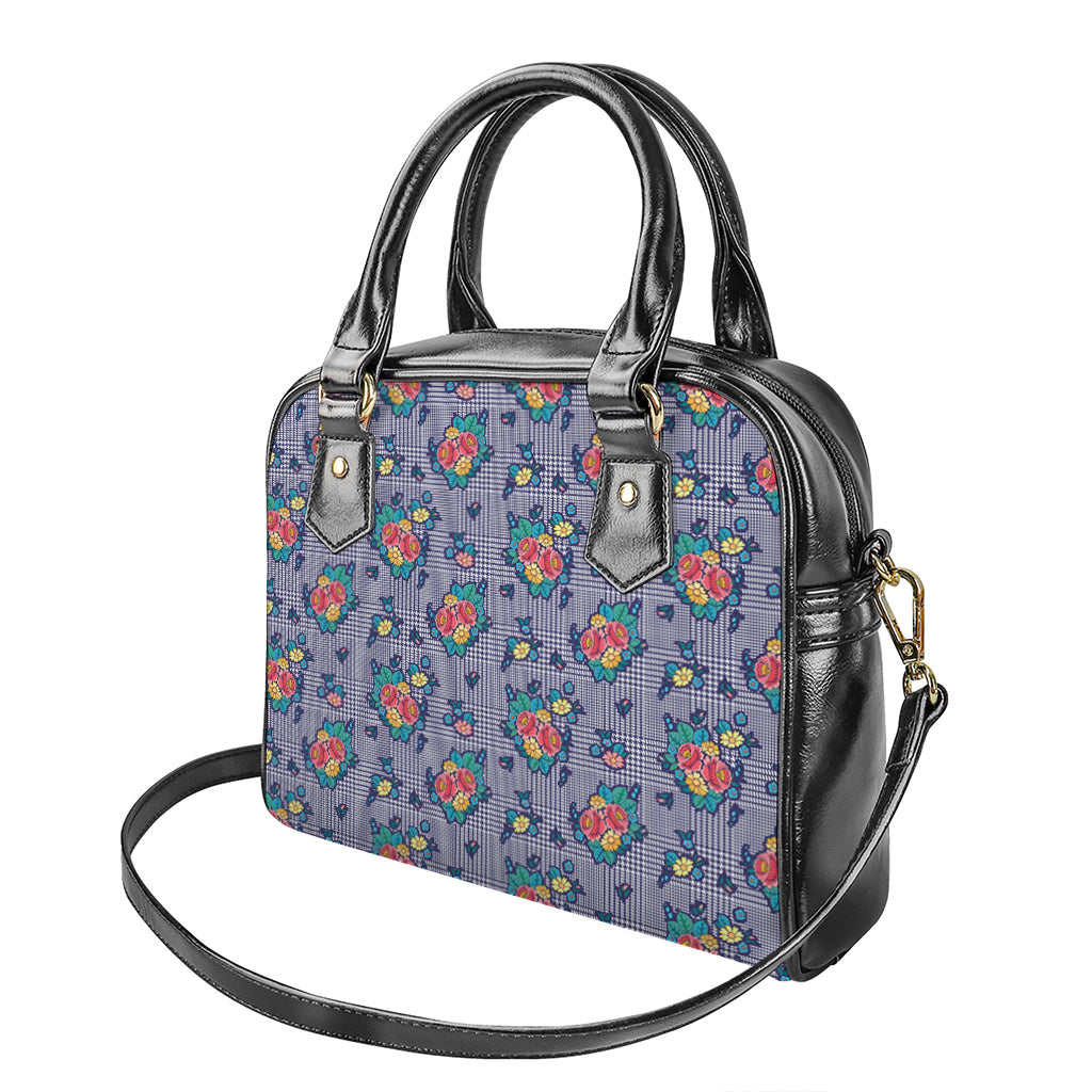 Blue And White Floral Glen Plaid Print Shoulder Handbag