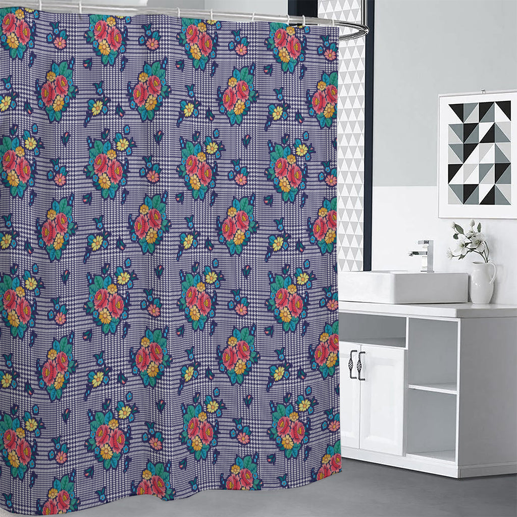 Blue And White Floral Glen Plaid Print Shower Curtain